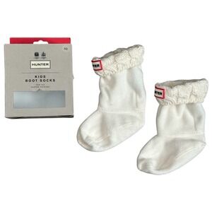HUNTER Kids Original Cable Knit Cuff Welly Fleece Boot Socks White XS